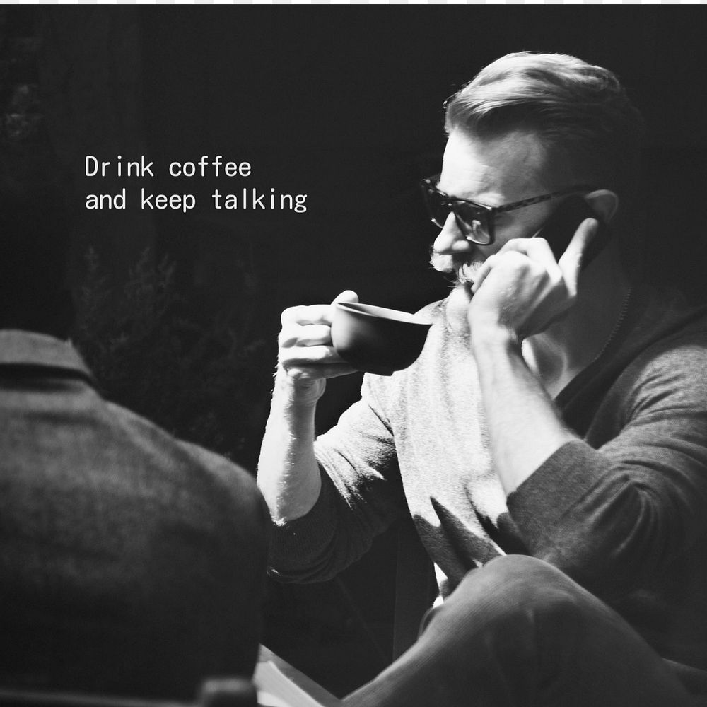 Coffee addict Instagram post template, man having phone call photo