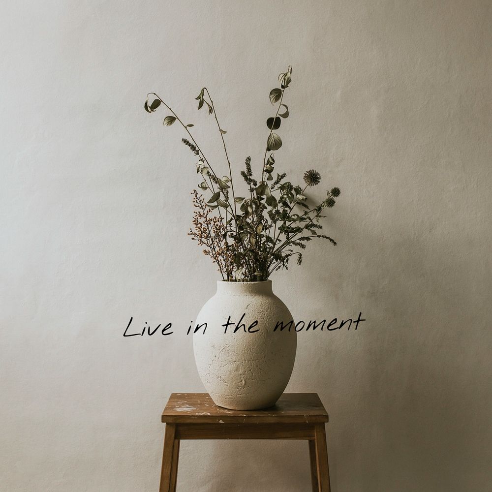 Houseplant aesthetic Instagram post template, live in the moment quote