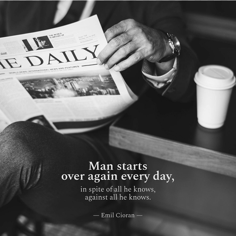 Businessman quote Instagram post template, man reading newspaper photo