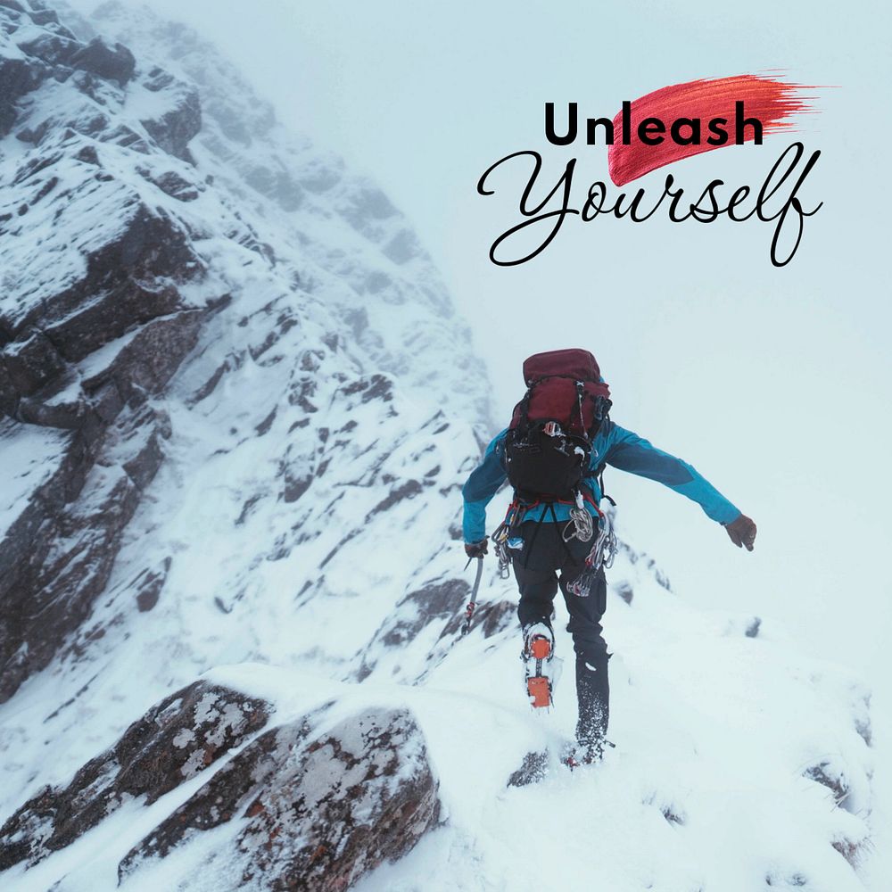 Mountain hiking Instagram post template, unleash yourself quote
