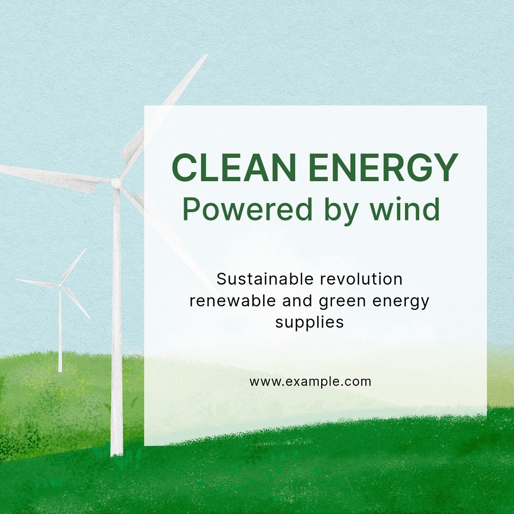 Clean energy Instagram post template, wind turbine illustration