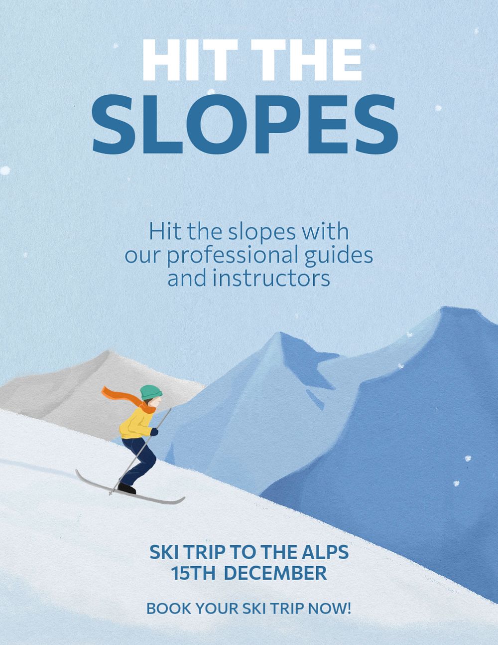 Winter skiing flyer template, travel agency ad