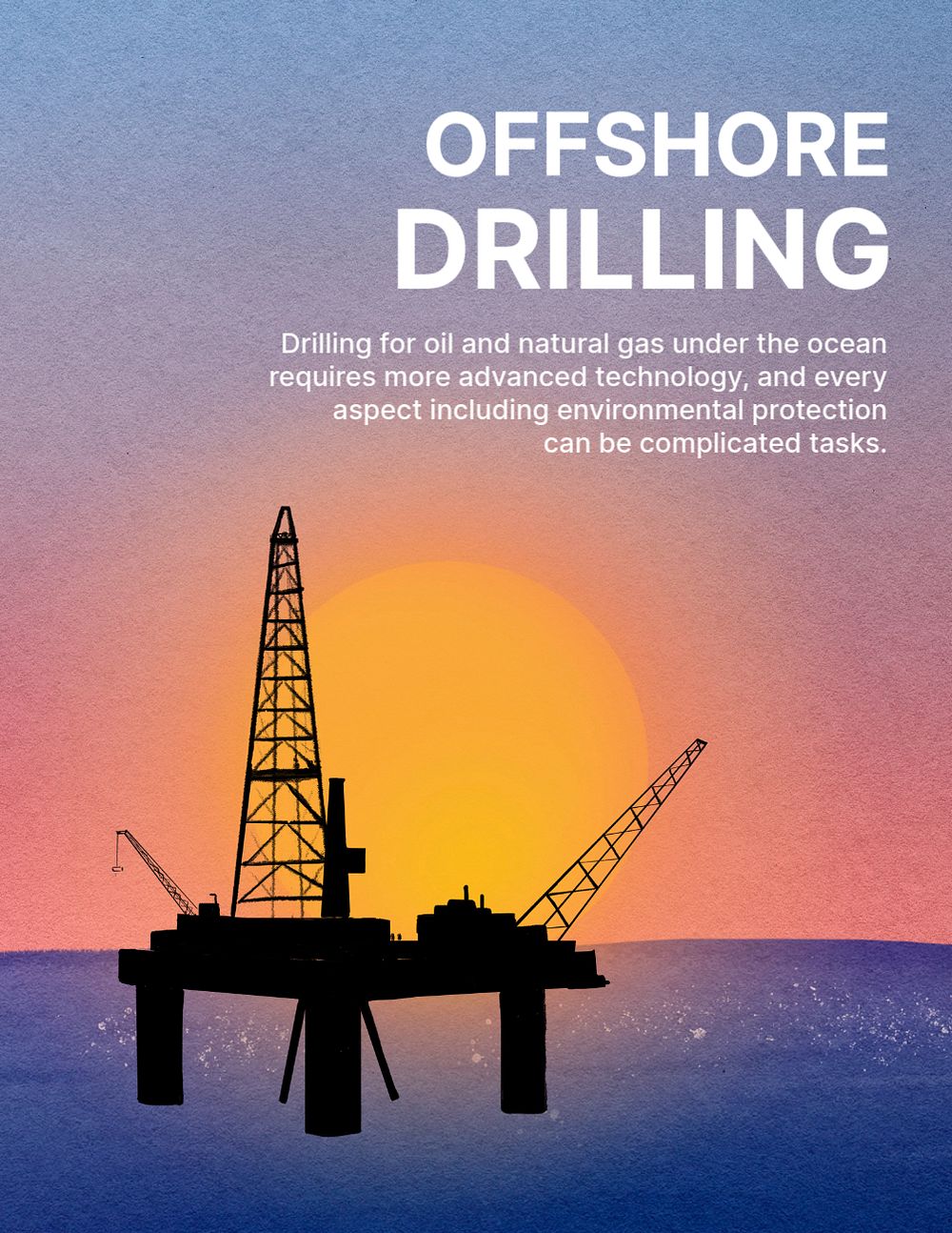 Offshore drilling flyer template, oil rig sunset