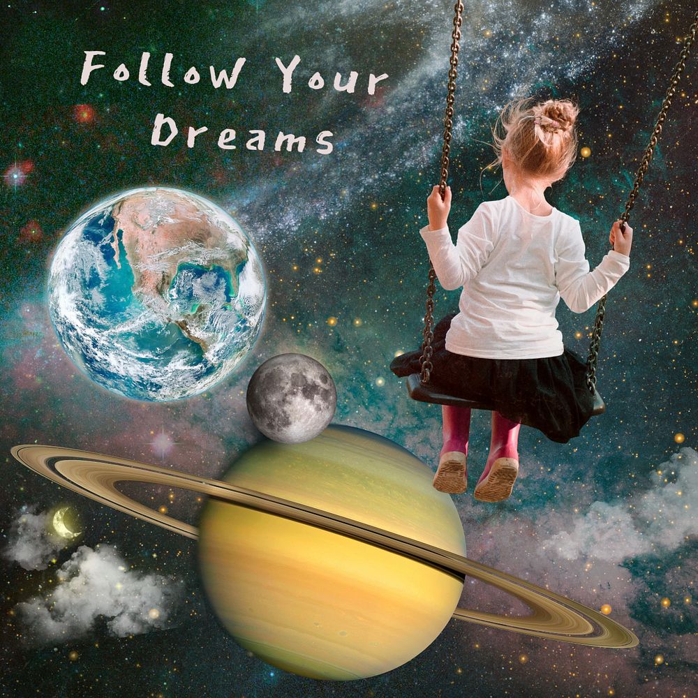 Surreal space Instagram post template, kid collage art remixed media