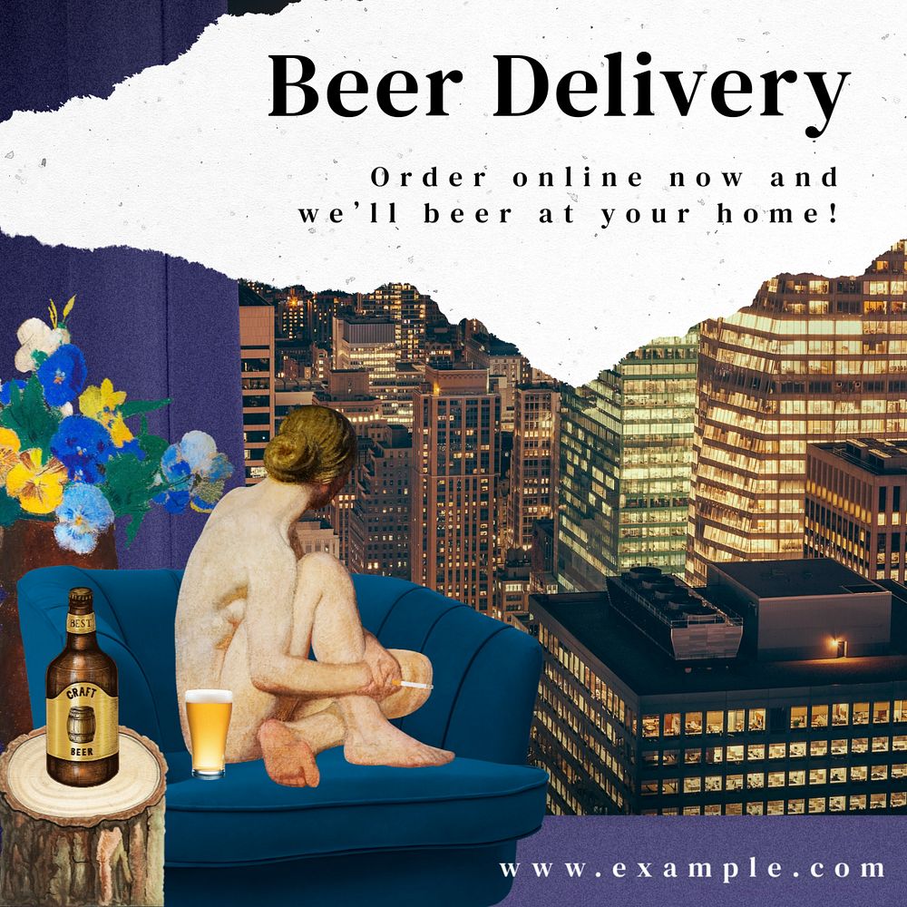 Beer delivery Instagram post template, vintage woman illustration