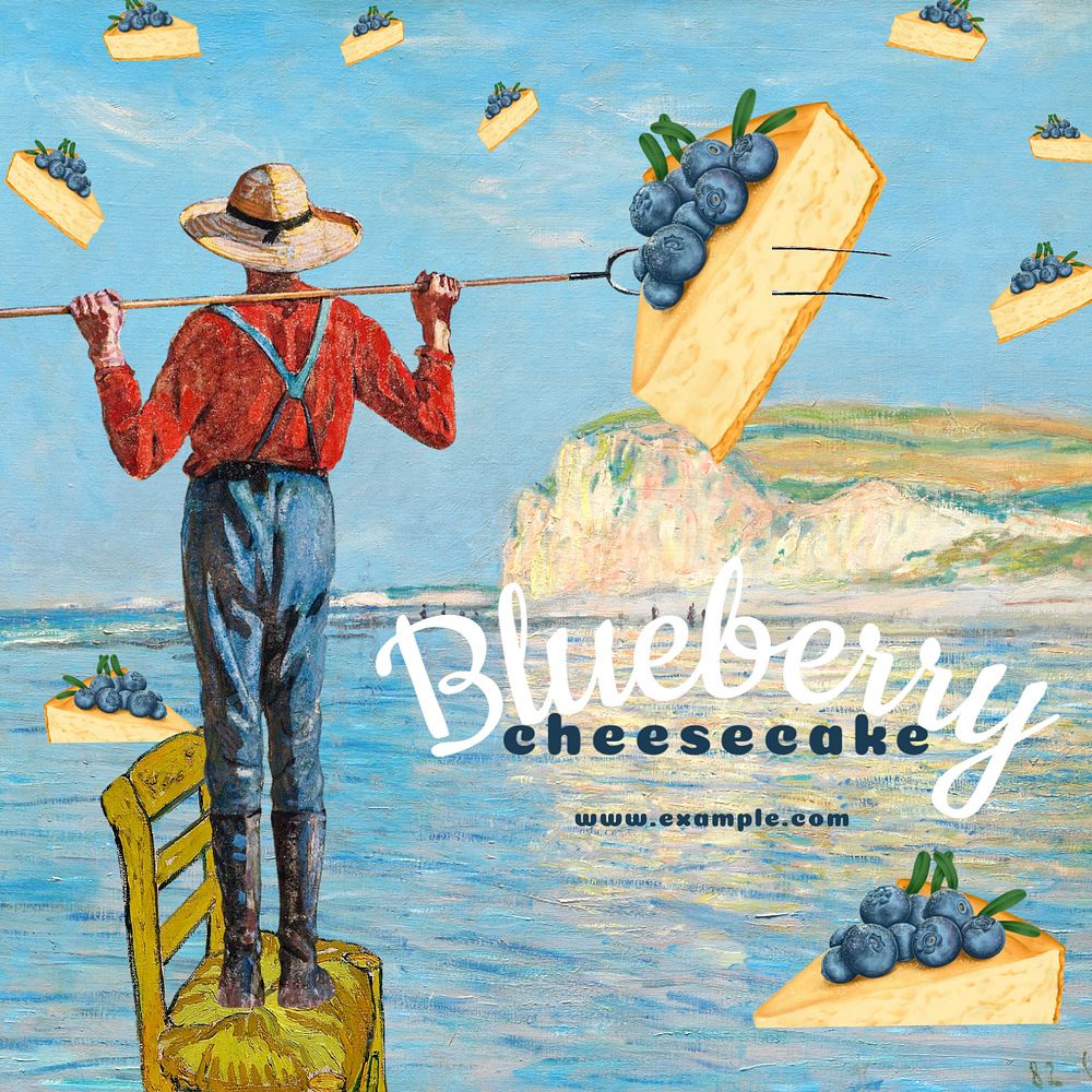 Blueberry cheesecake Instagram post template, Monet's and Edward Penfield's artworks, remixed by rawpixel.