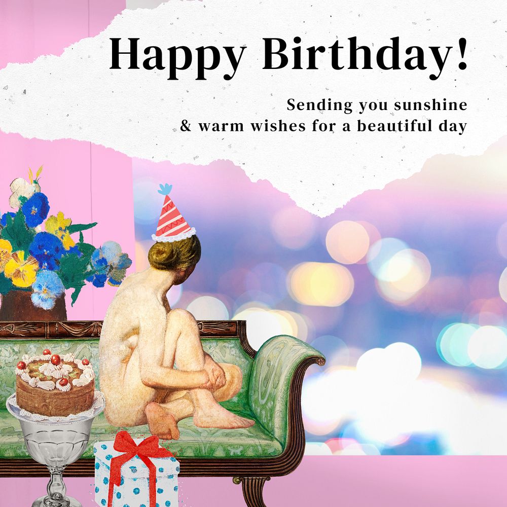 Happy Birthday Instagram post template, vintage woman illustration