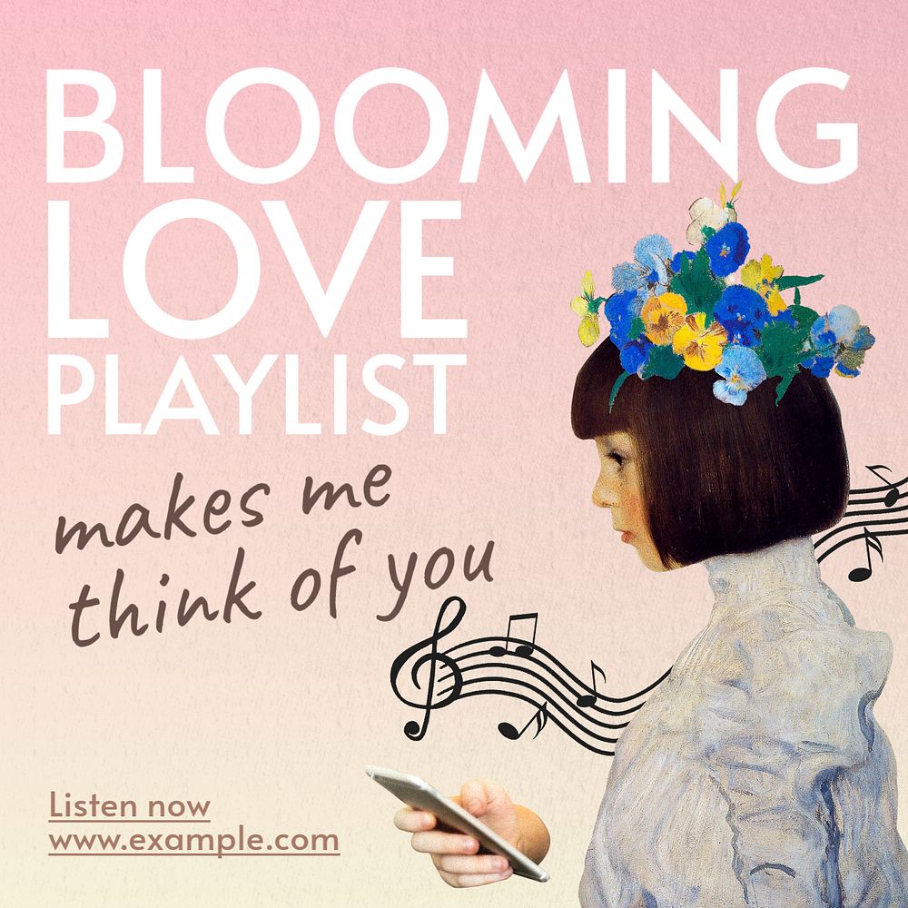 Blooming love playlist Instagram post template, editable text