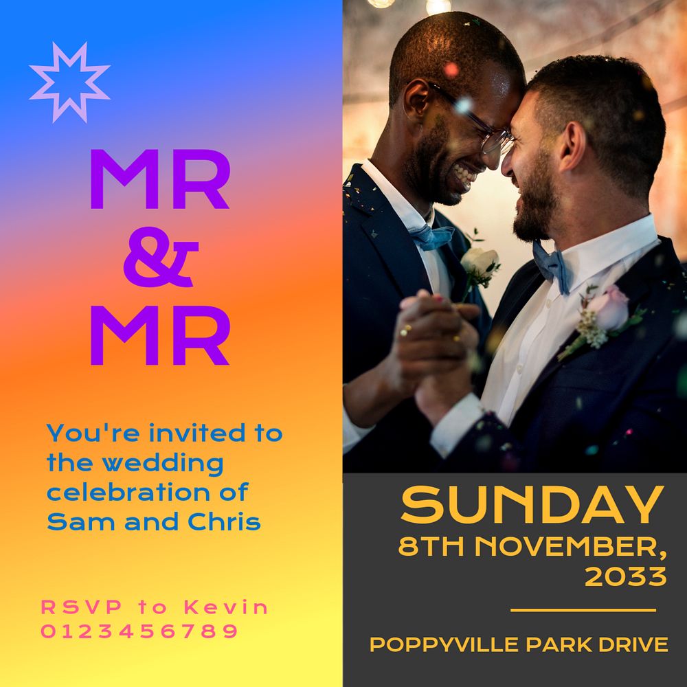 Gay wedding Instagram post template, editable text