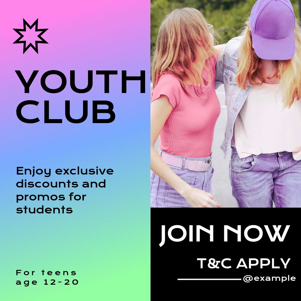 Youth club post template, editable text for social media