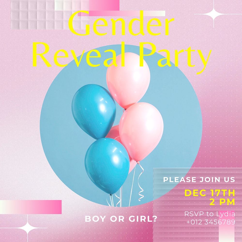 Gender reveal party Instagram post template, editable text