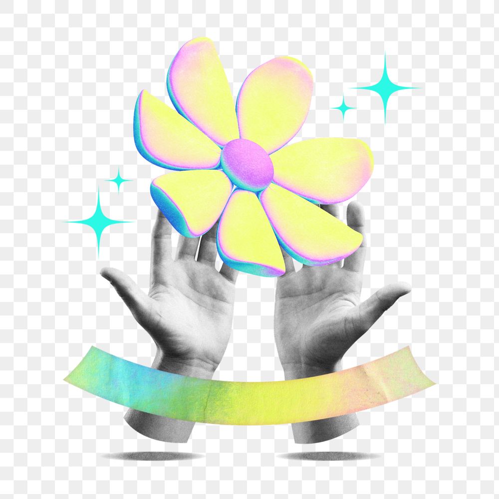 Hand holding yellow flower png element, editable gradient collage remix