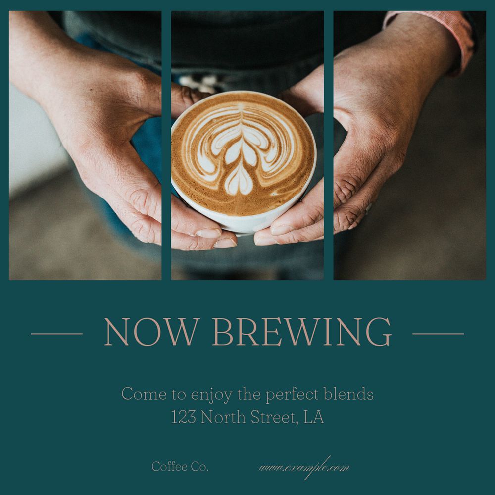 Now brewing, cafe Instagram post template, editable social media design