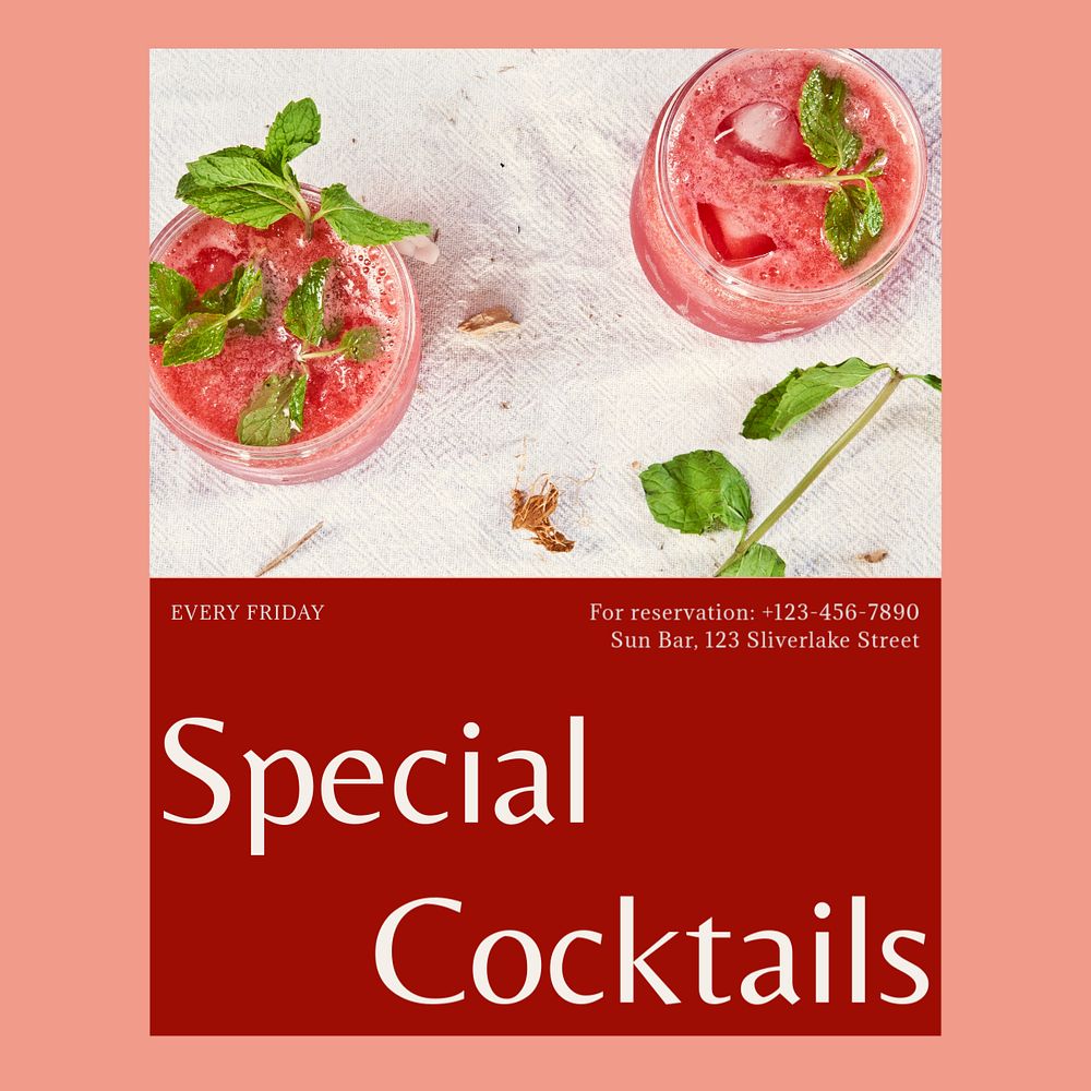 Special cocktails Instagram post template, editable social media design