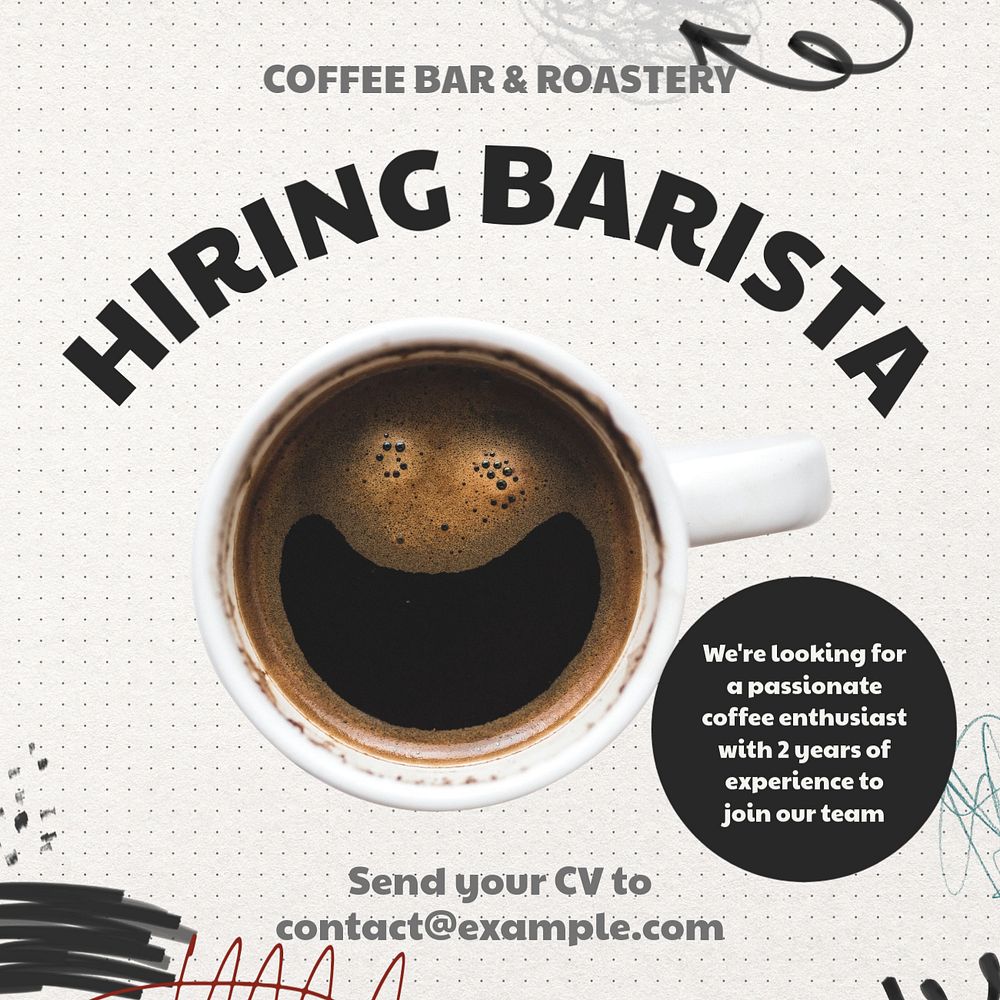 Hiring barista Instagram post template, editable text