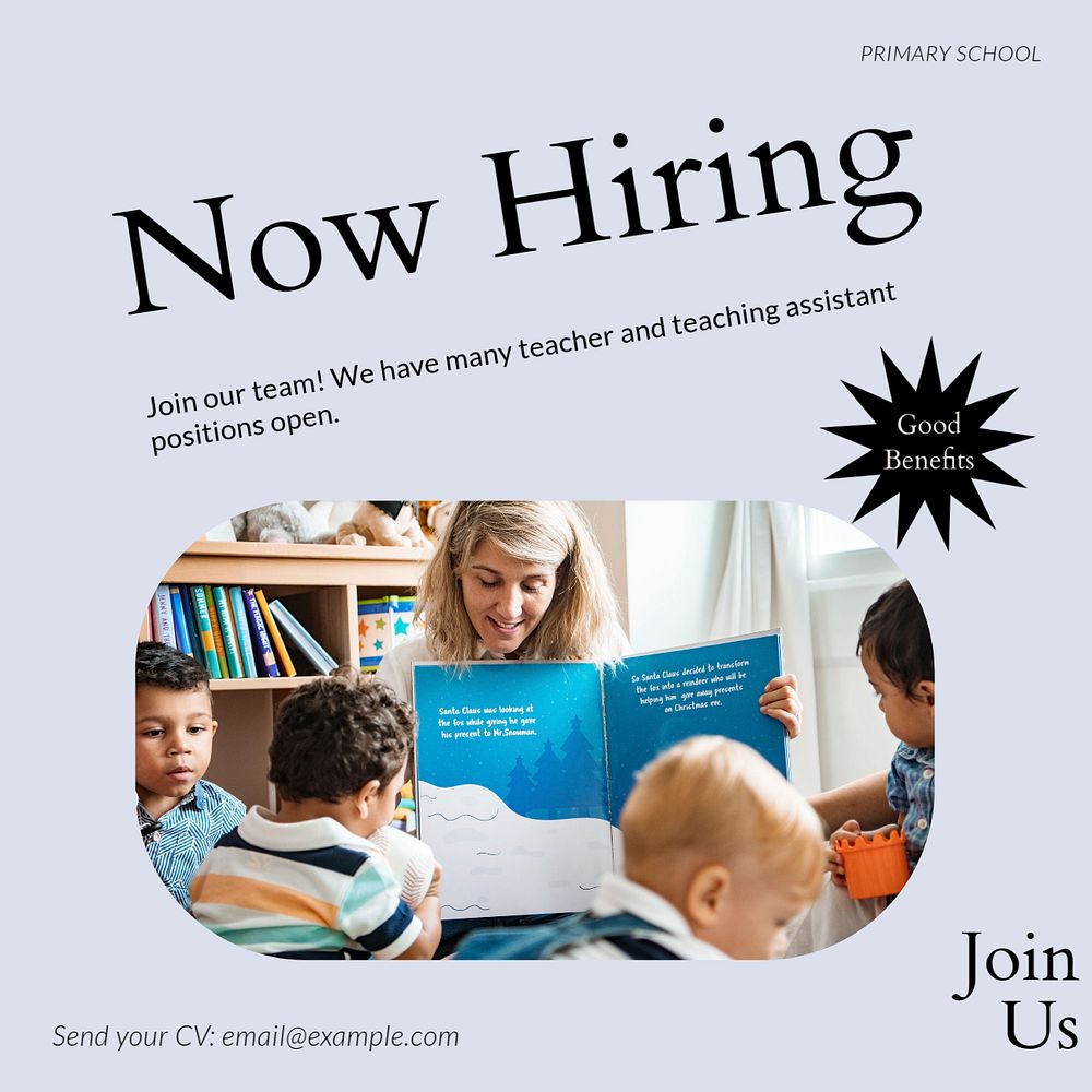 Now hiring teachers Instagram post template, editable social media ad