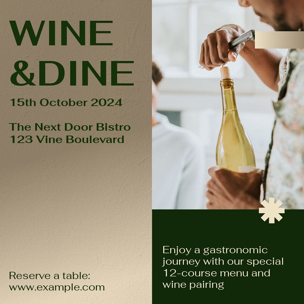 Wine & Dine Instagram post template, editable social media ad