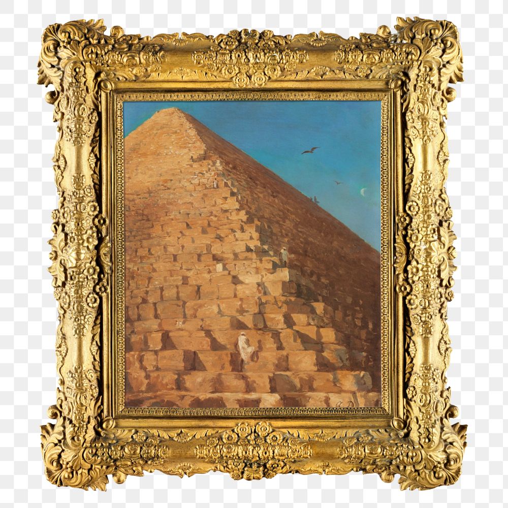 Gold picture png frame mockup element, vintage editable design with The Great Pyramid painting. Remixed by rawpixel.