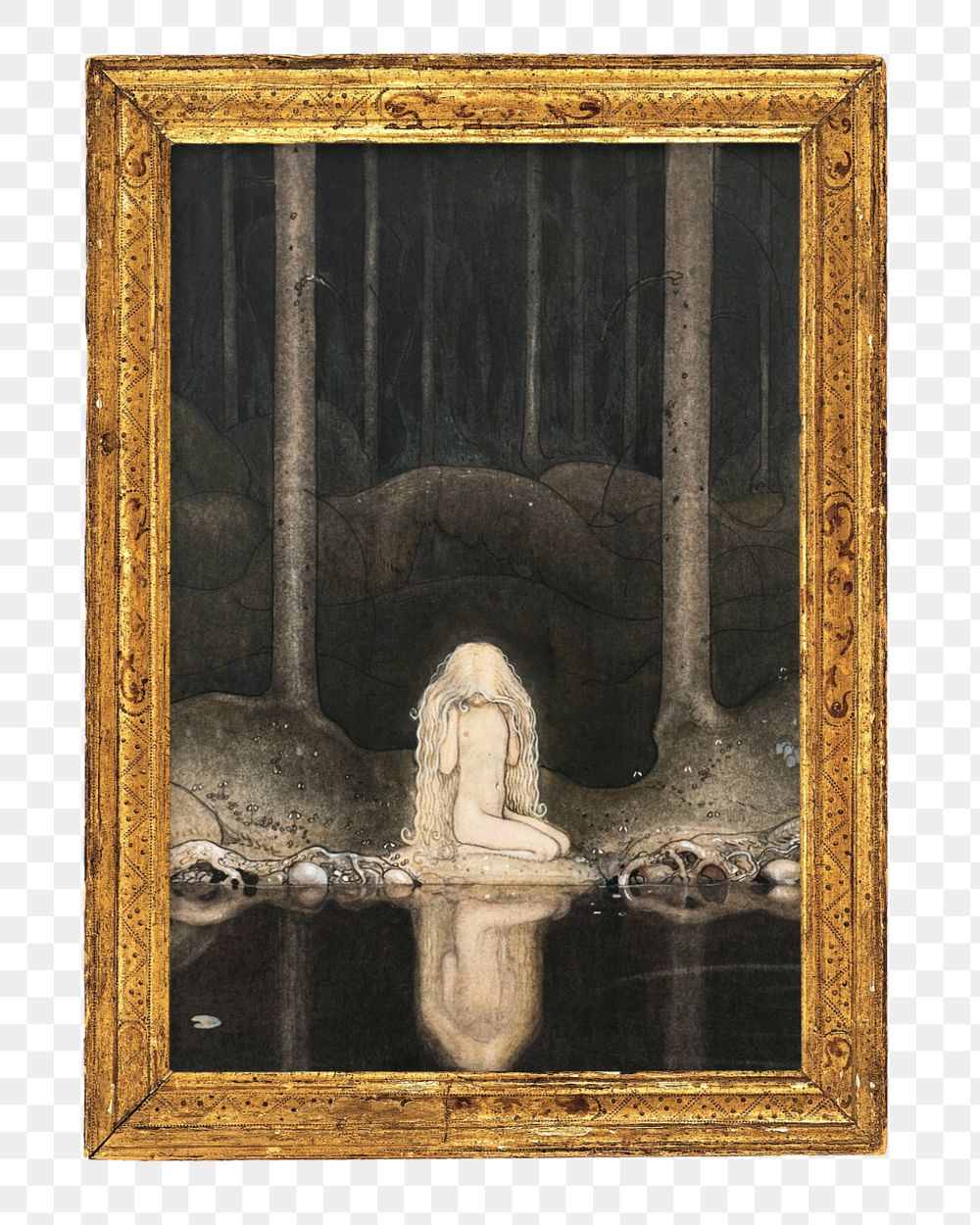 Gold picture frame png mockup element, vintage editable design with John Bauer's famous painting. Remixed by rawpixel.