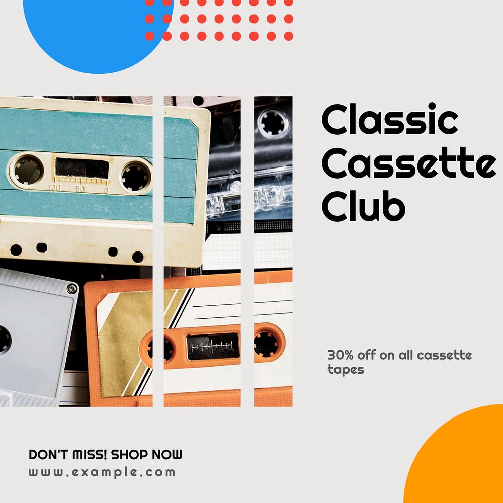 Classic cassette club Instagram post template, editable design