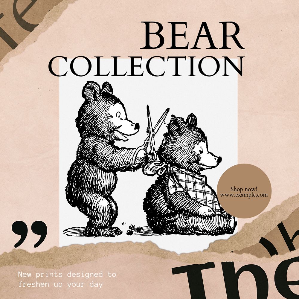 Bear collection Instagram post template, editable social media design