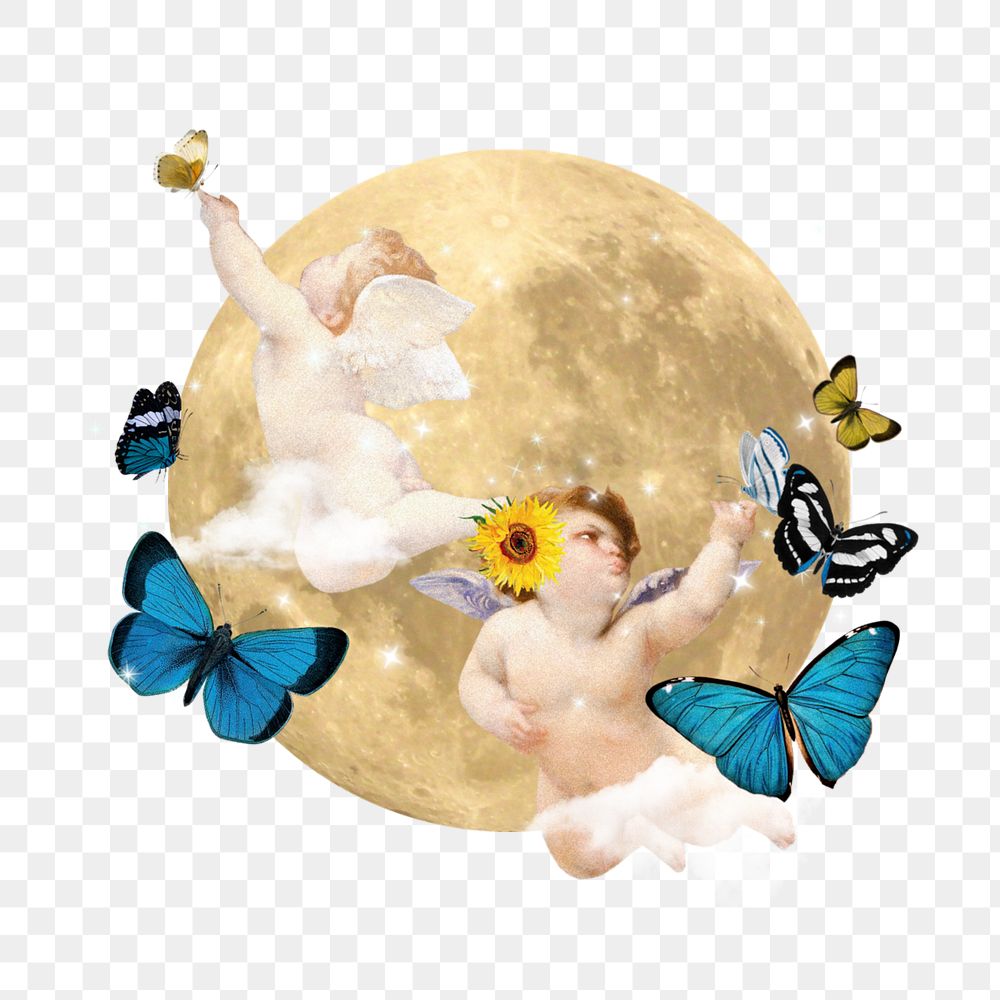 PNG Vintage cherubs dreamy moon illustration transparent background editable design