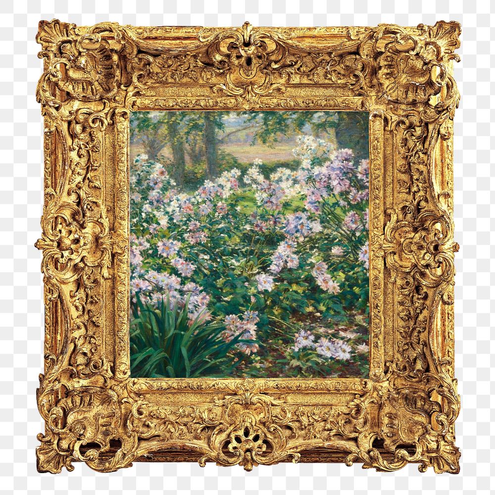 Gold picture png frame mockup element, vintage editable design with Ruger Donoho's flower painting. Remixed by rawpixel.