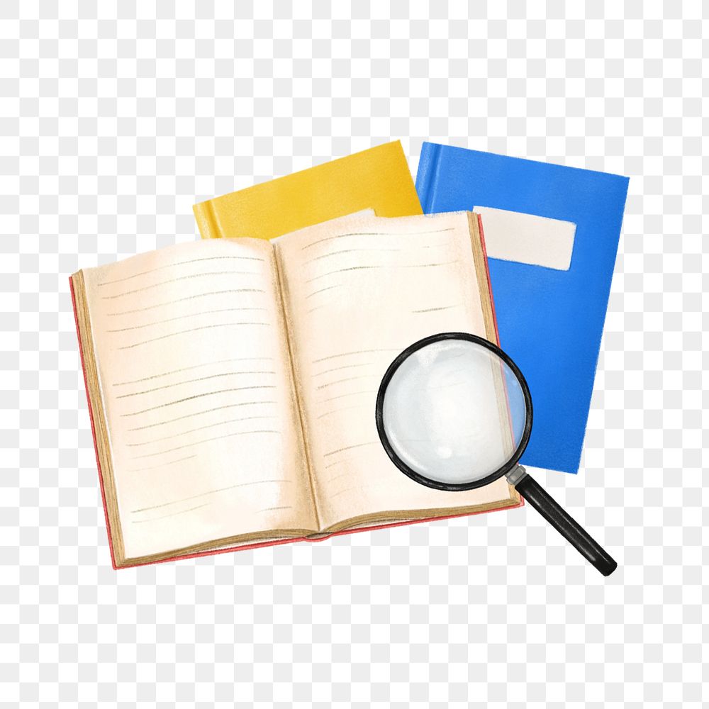 Education aesthetic png, open book, magnifying glass illustration, editable design