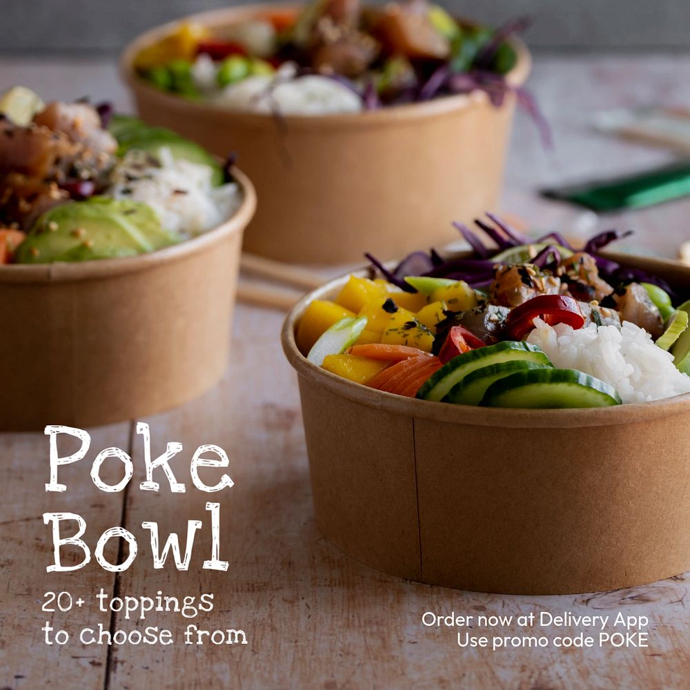 Poke bowl Instagram post template, editable text