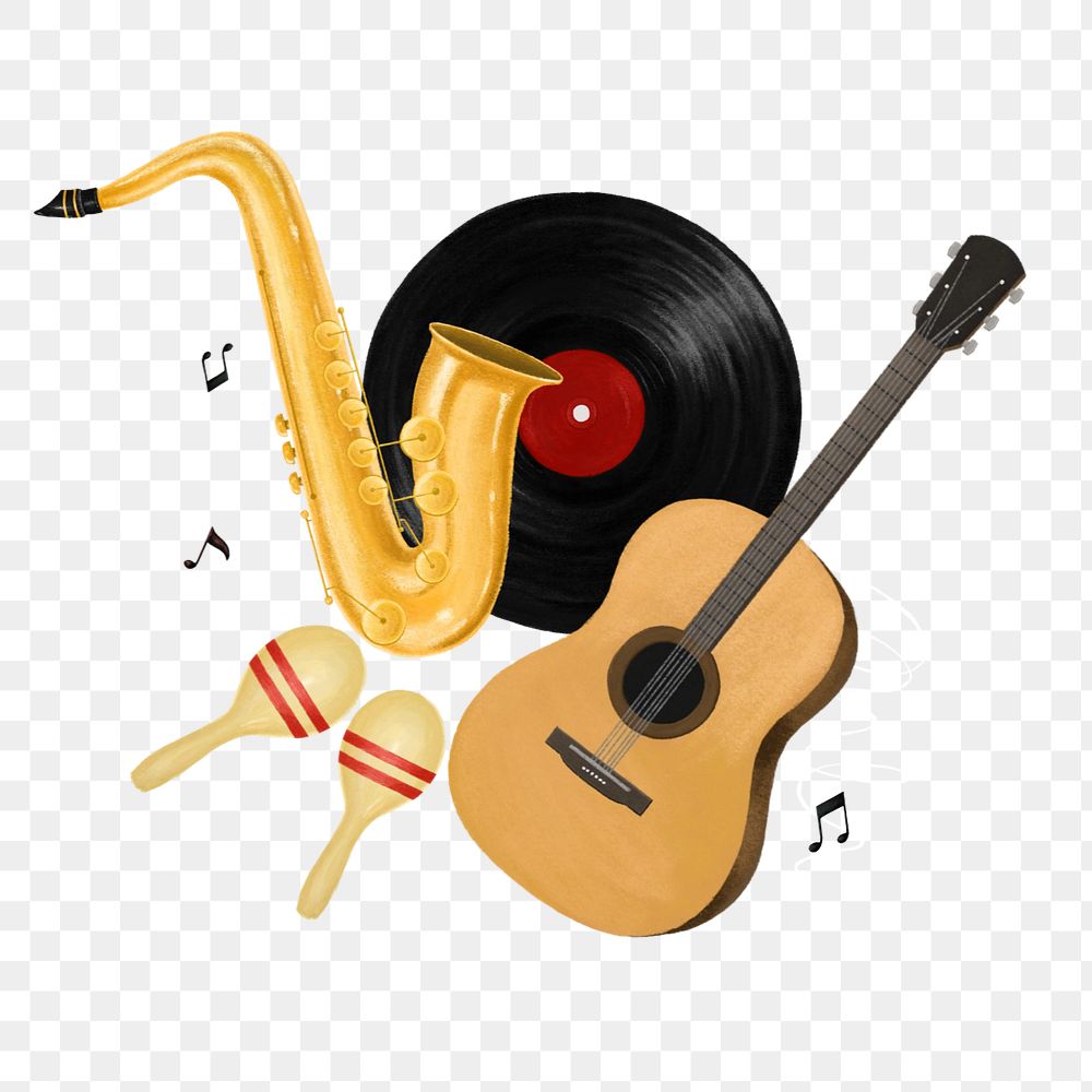 Jazz music aesthetic png, saxophone, acoustic guitar illustration, editable design