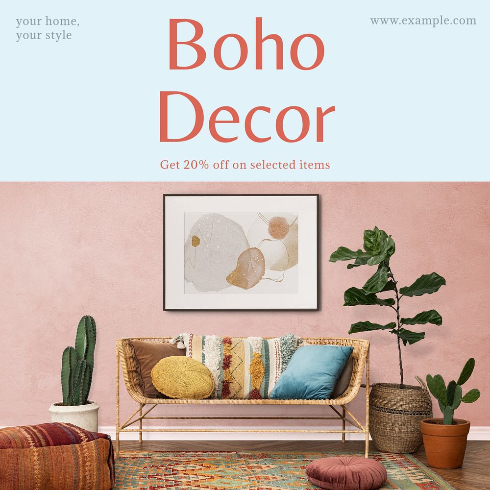 Boho decor Instagram post template, editable text