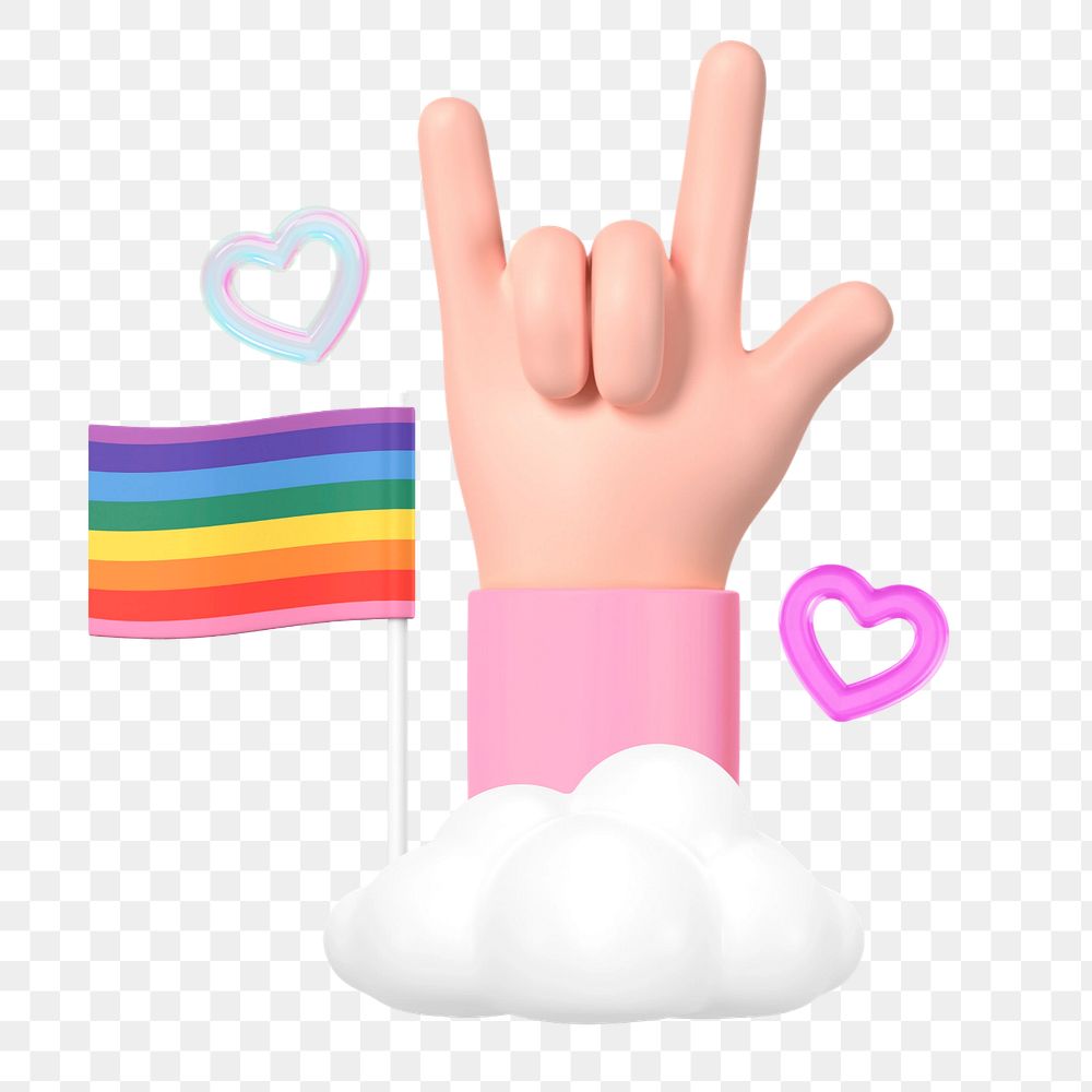 ILY hand sign, pride flag, 3D LGBTQ remix, editable design