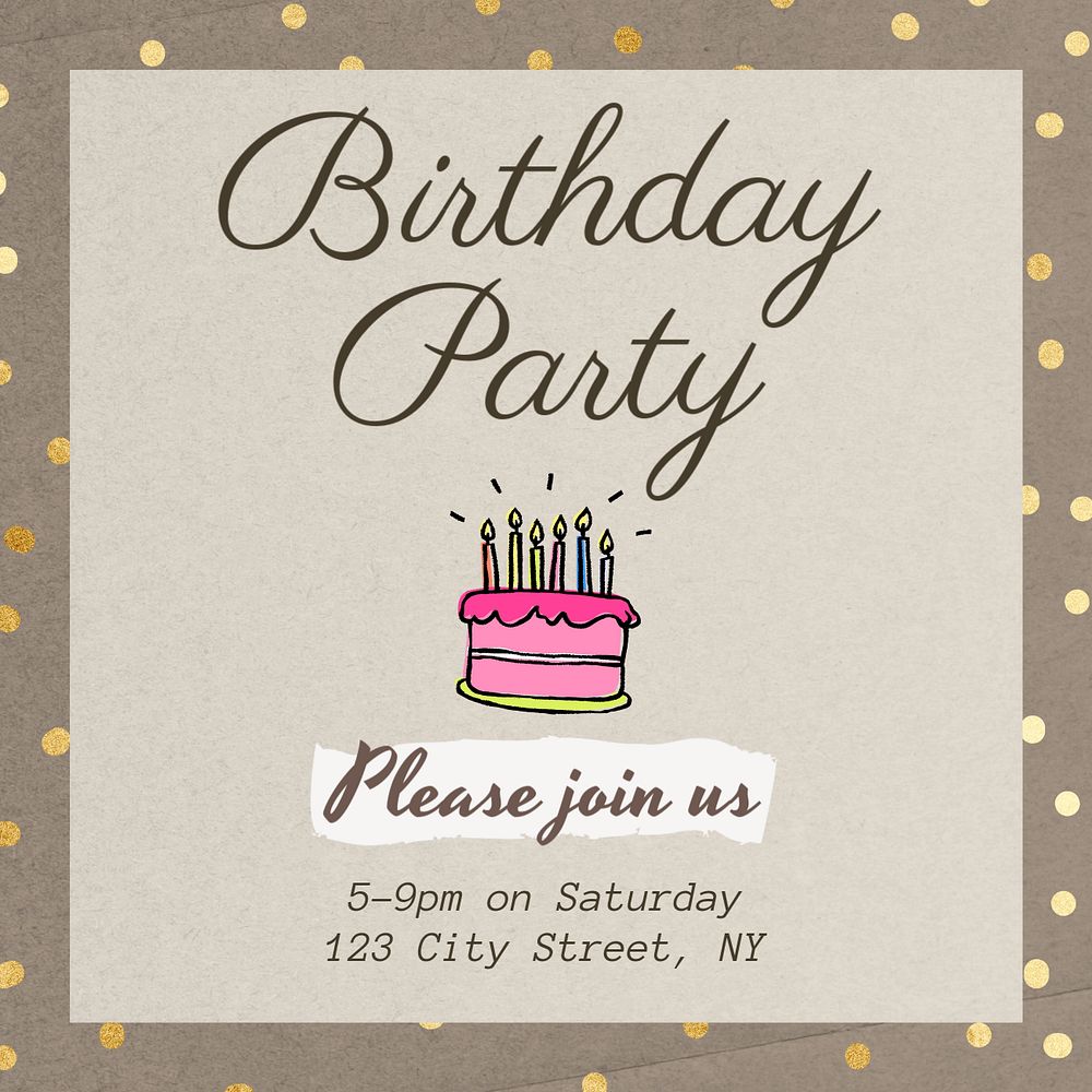 Birthday party invitation Instagram post template, editable text