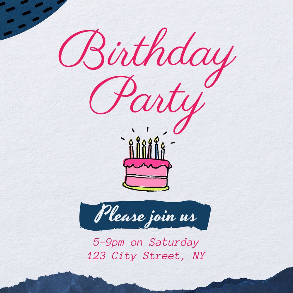 Birthday party invitation Instagram post template, editable text