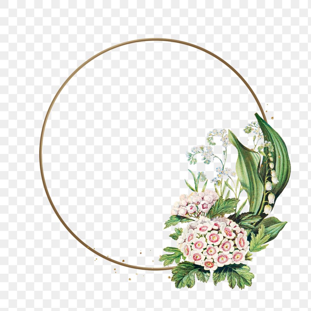 Floral gold frame png element, editable round shape