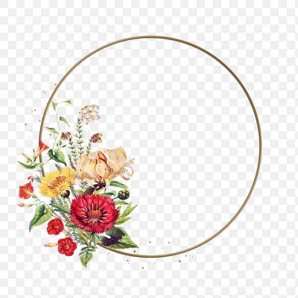 Editable floral gold frame png element, round shape