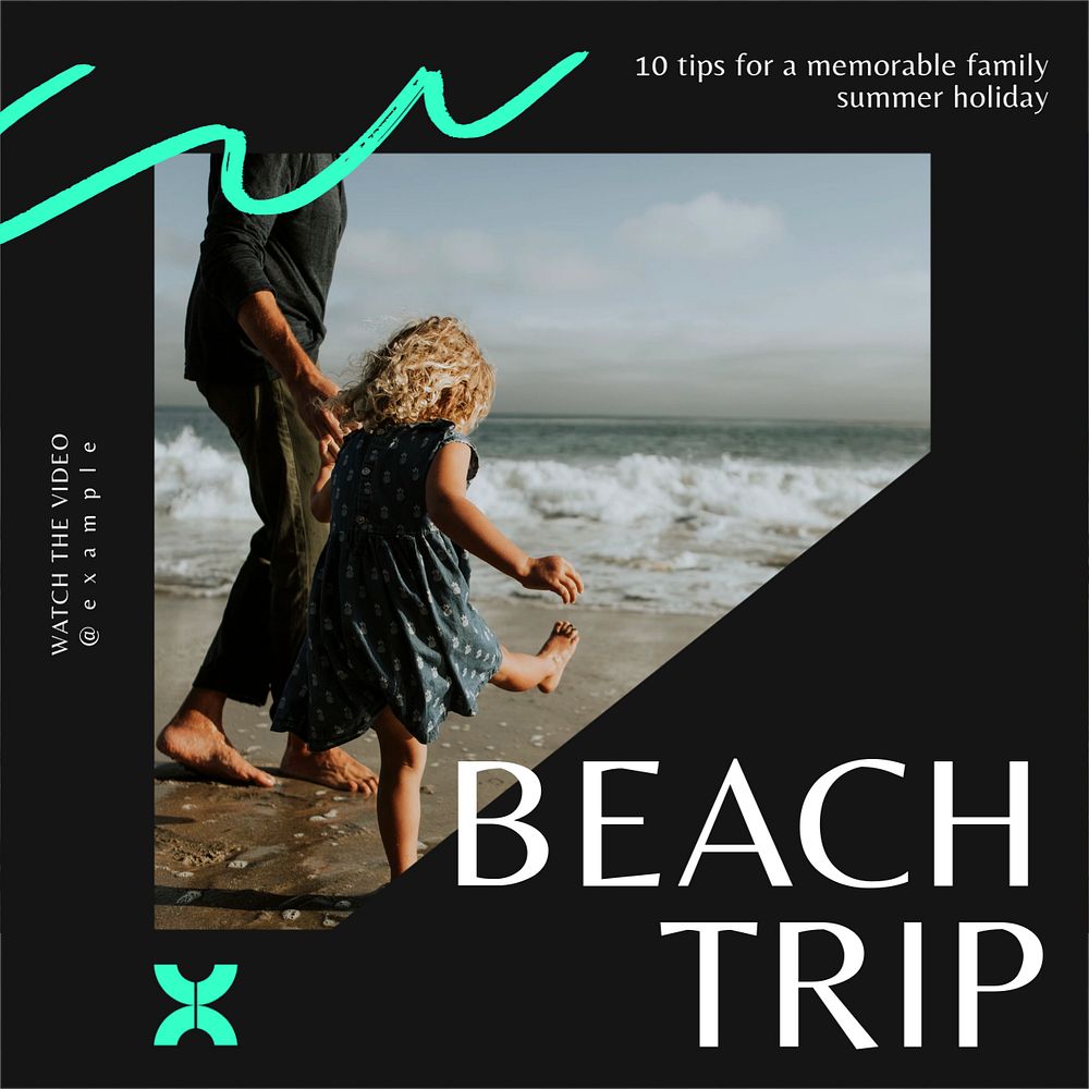 Beach trip post template, editable text for social media