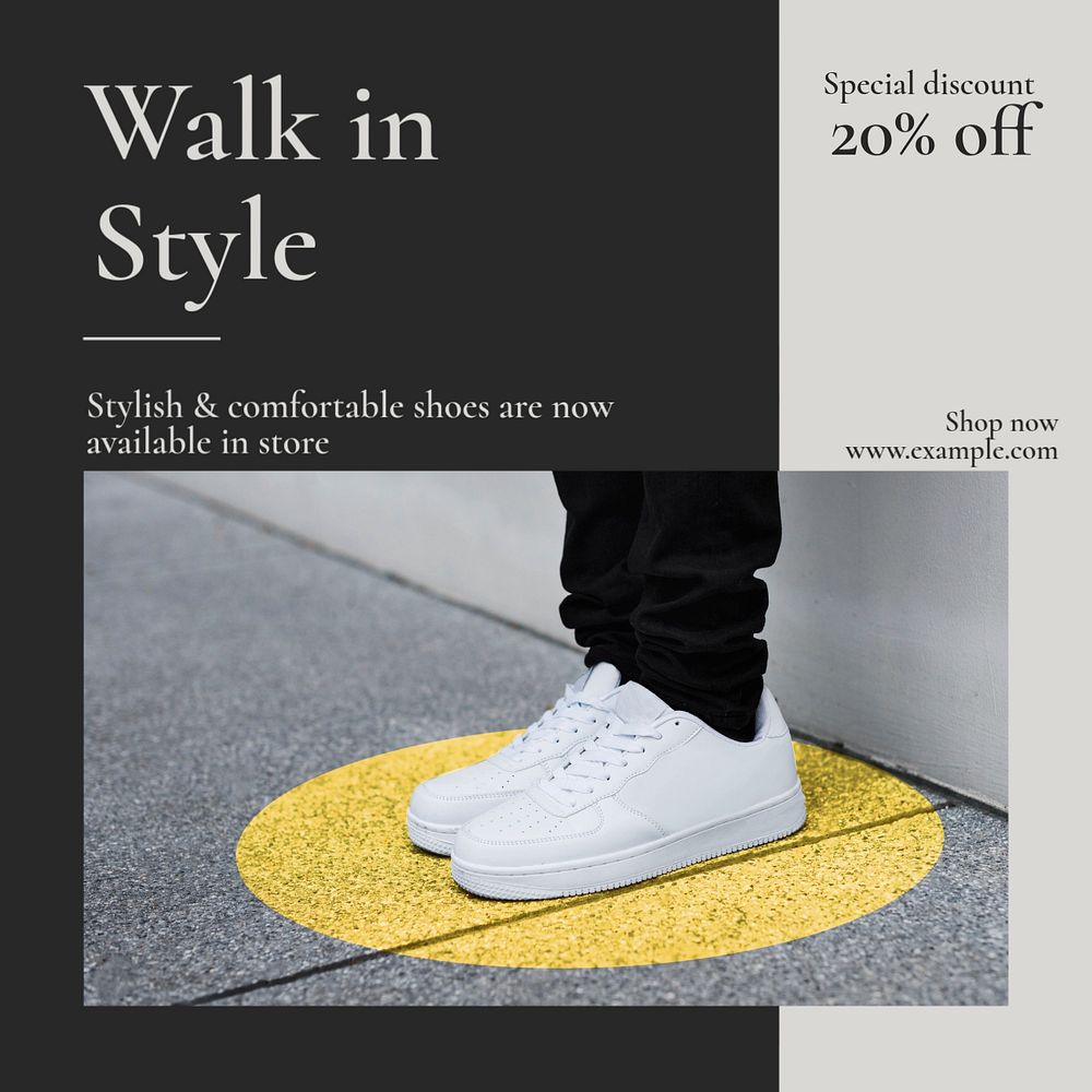 Walking shoes post template, editable text for social media