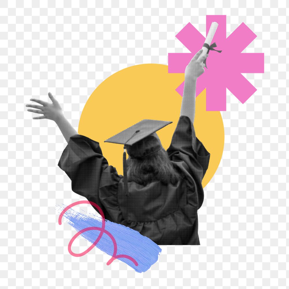 Editable female graduate png element, geometric mixed media