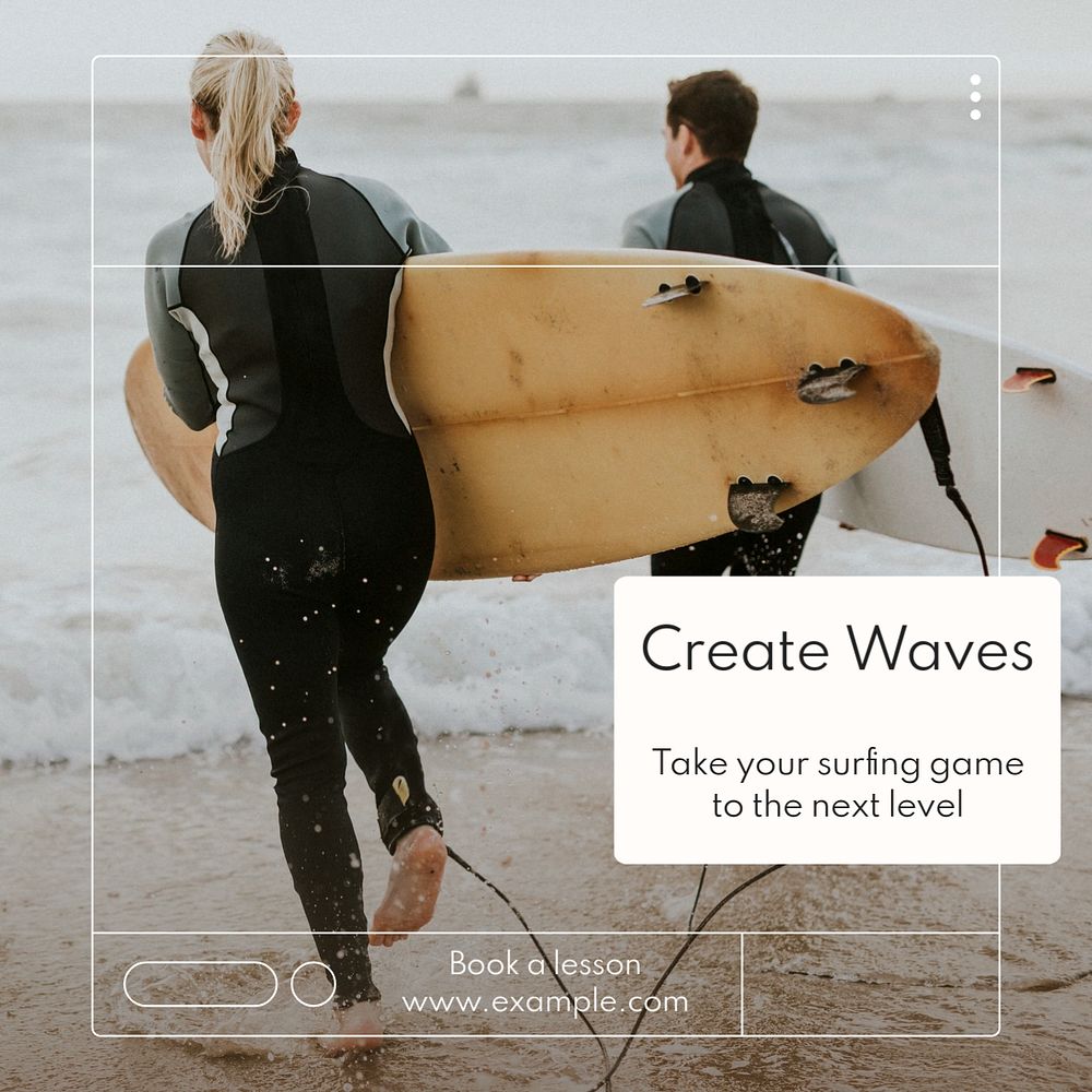 Surfing lessons Instagram post template, editable text