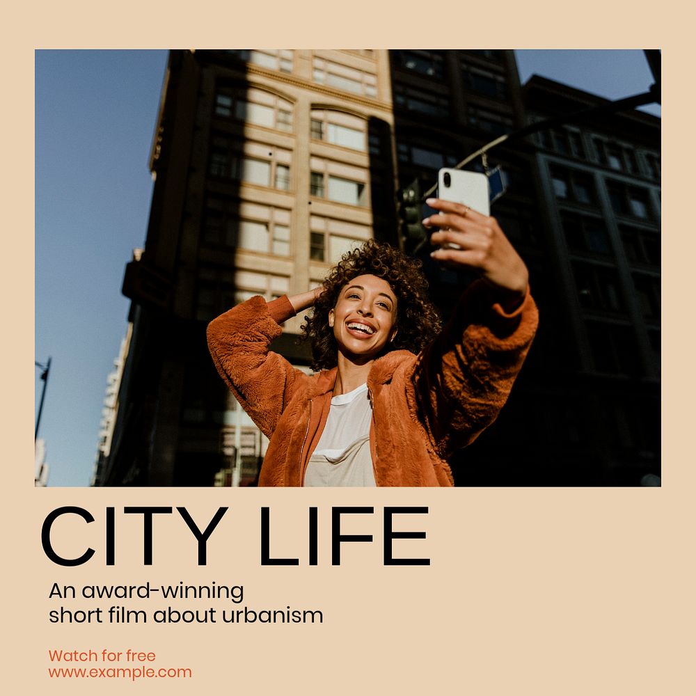 City life film Instagram post template, editable text