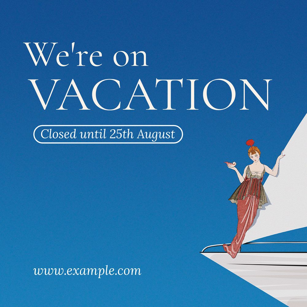 We're on vacation Instagram post template, editable text