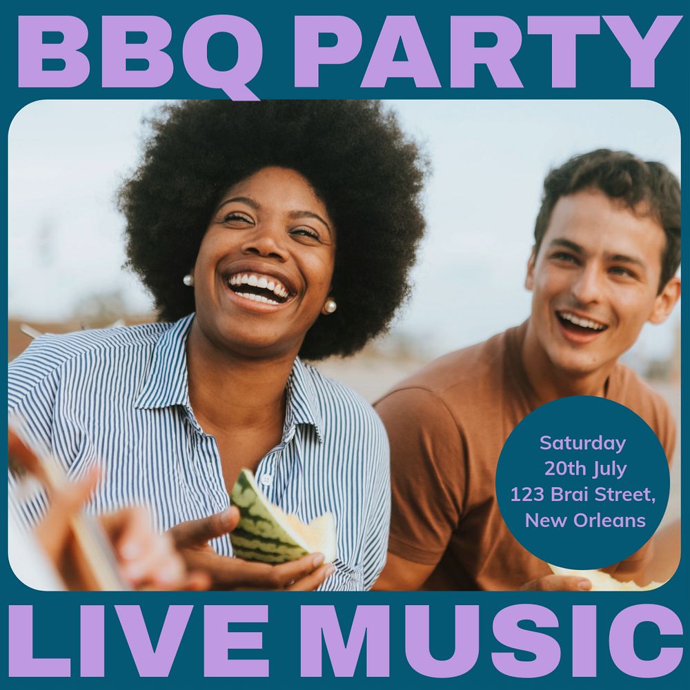 BBQ party and live music Instagram post template, editable design