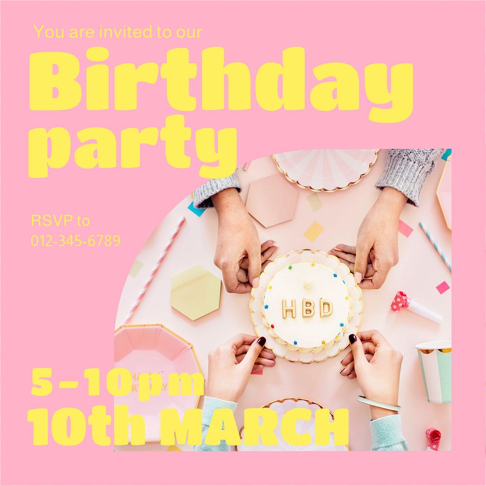 Birthday party invitation Instagram post template, editable design