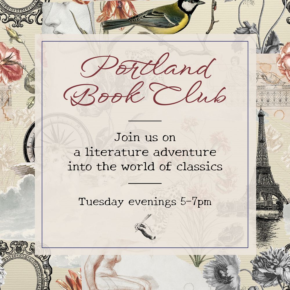 Book club Instagram post template, vintage pattern design