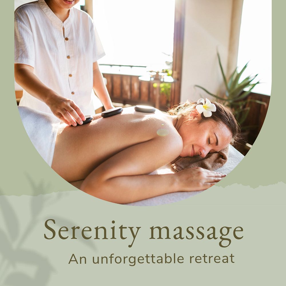 Serenity massage Instagram post template, green minimal design