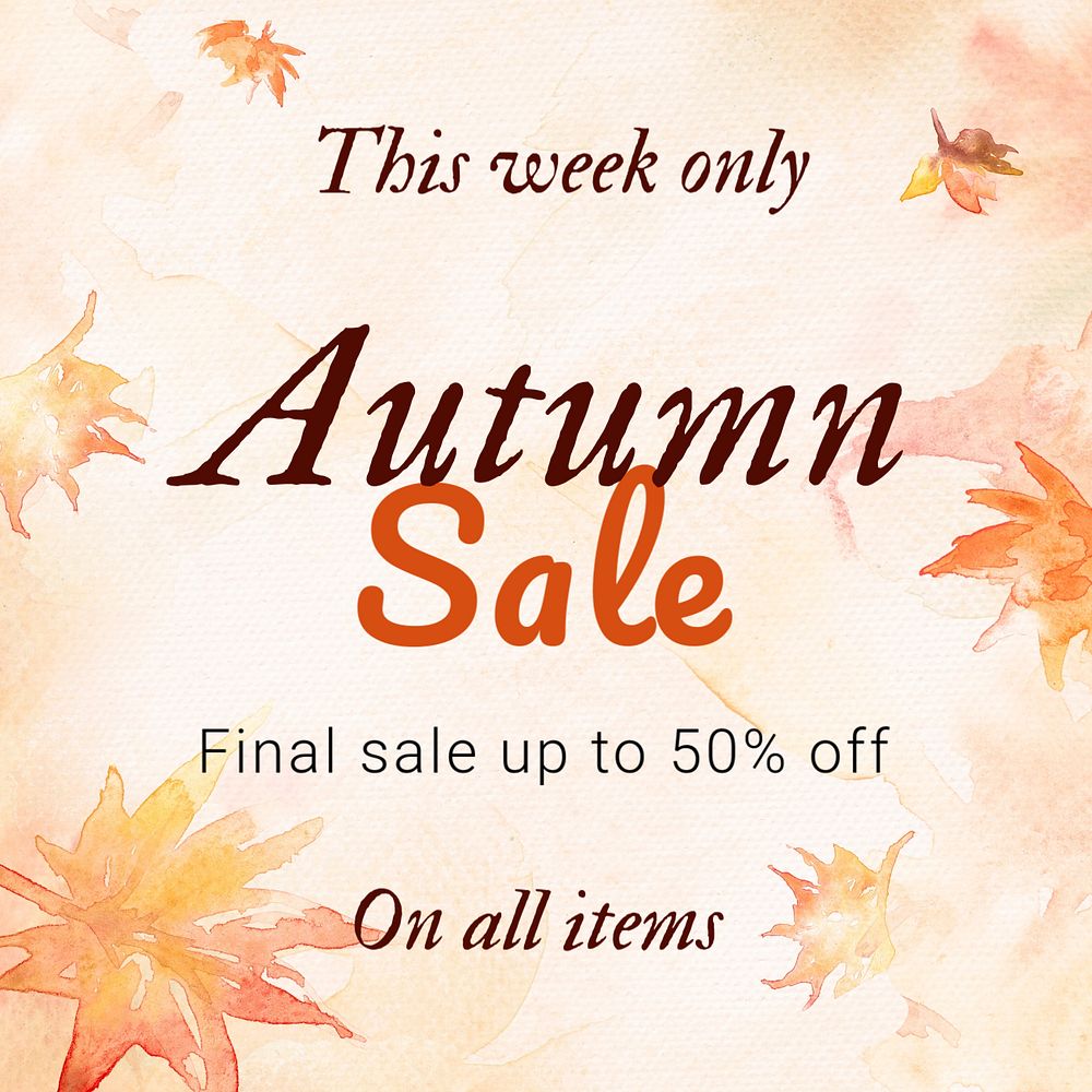 Autumn sale Instagram post template, editable watercolor design