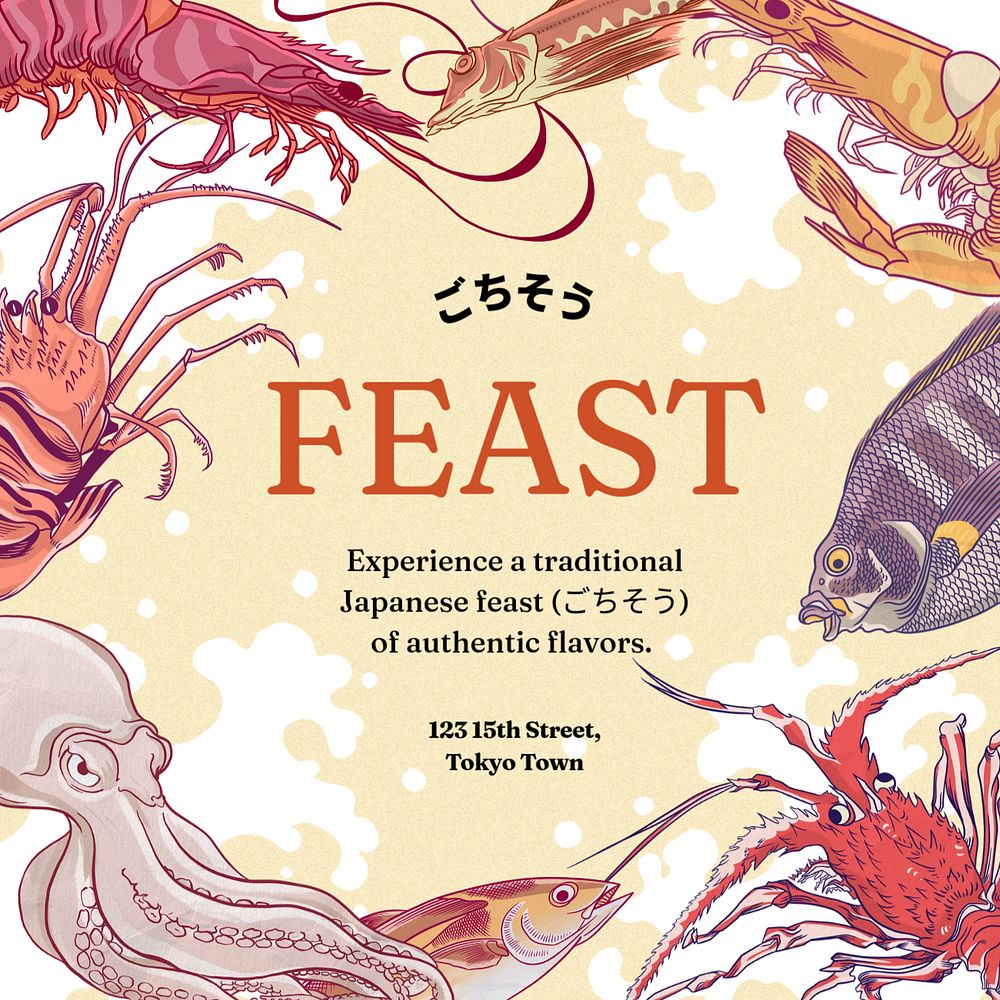 Japanese food Facebook ad template, customizable Ukiyo-e art remix design