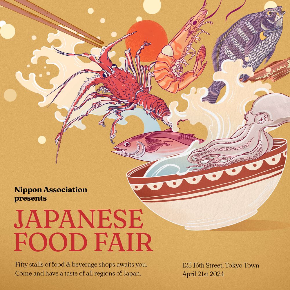 Food fair Facebook ad template, customizable Ukiyo-e art remix design