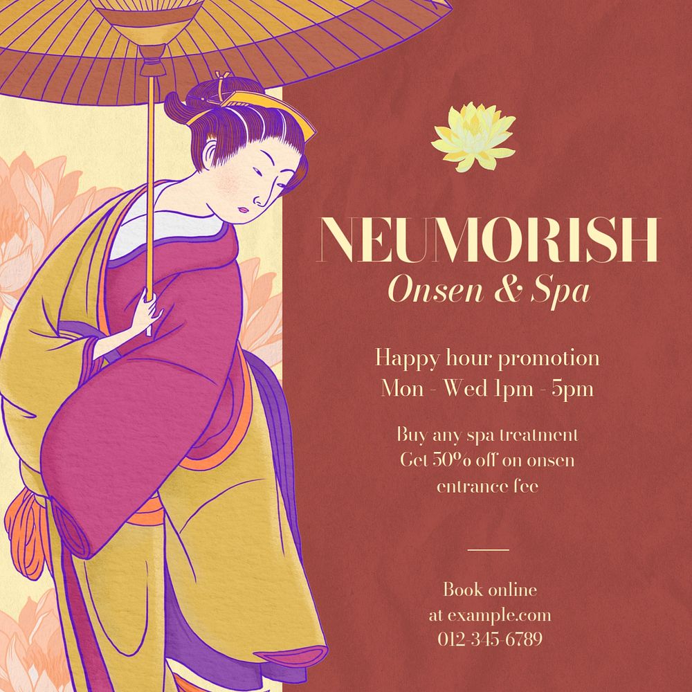 Japanese spa Facebook ad template, customizable Ukiyo-e art remix design